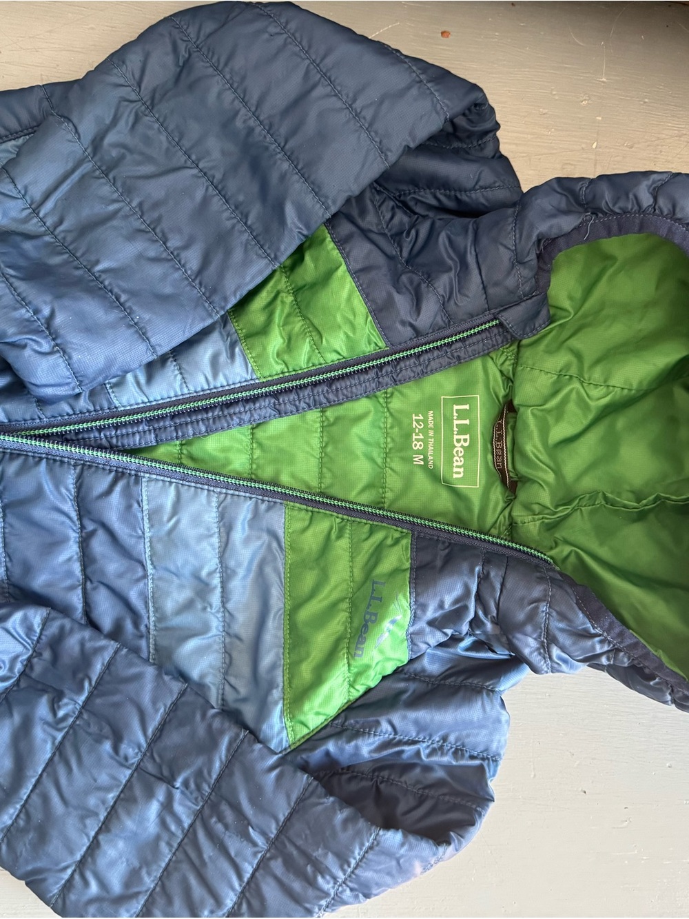 L.L. Bean Kids Navy Blue Puffer Jacket with Green Lining